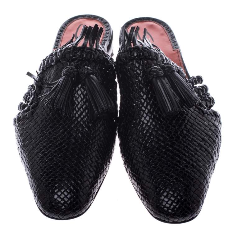 Pre Owned Santoni Black Woven Leather Fringe Detail Flat Mules Size 36