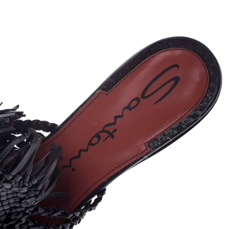 Pre Owned Santoni Black Woven Leather Fringe Detail Flat Mules Size 36