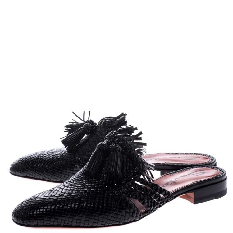 Pre Owned Santoni Black Woven Leather Fringe Detail Flat Mules Size 40