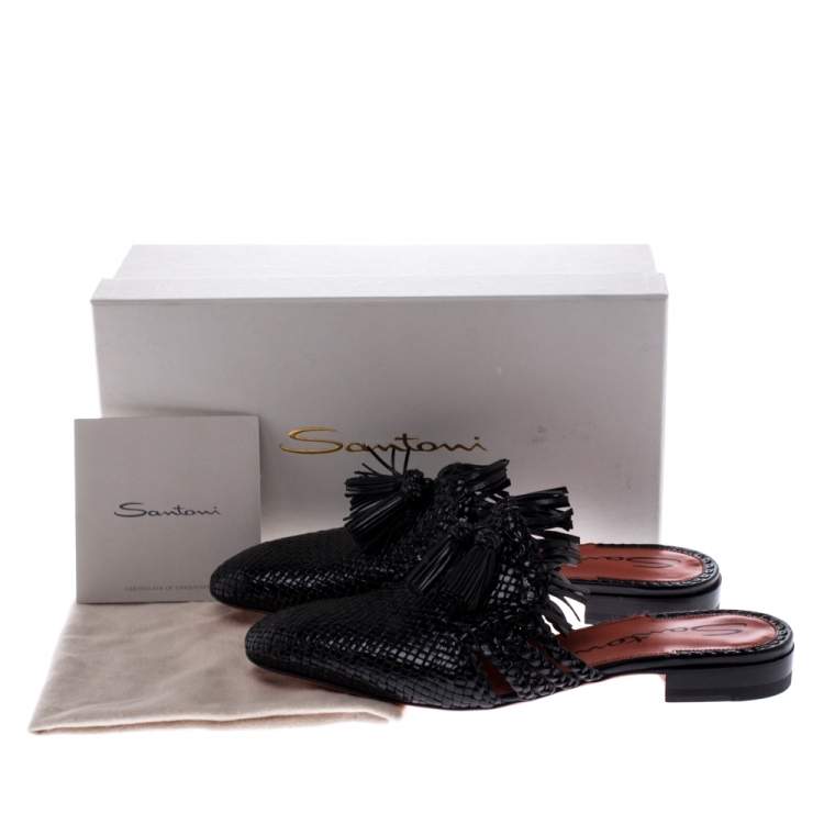 Pre Owned Santoni Black Woven Leather Fringe Detail Flat Mules Size 40