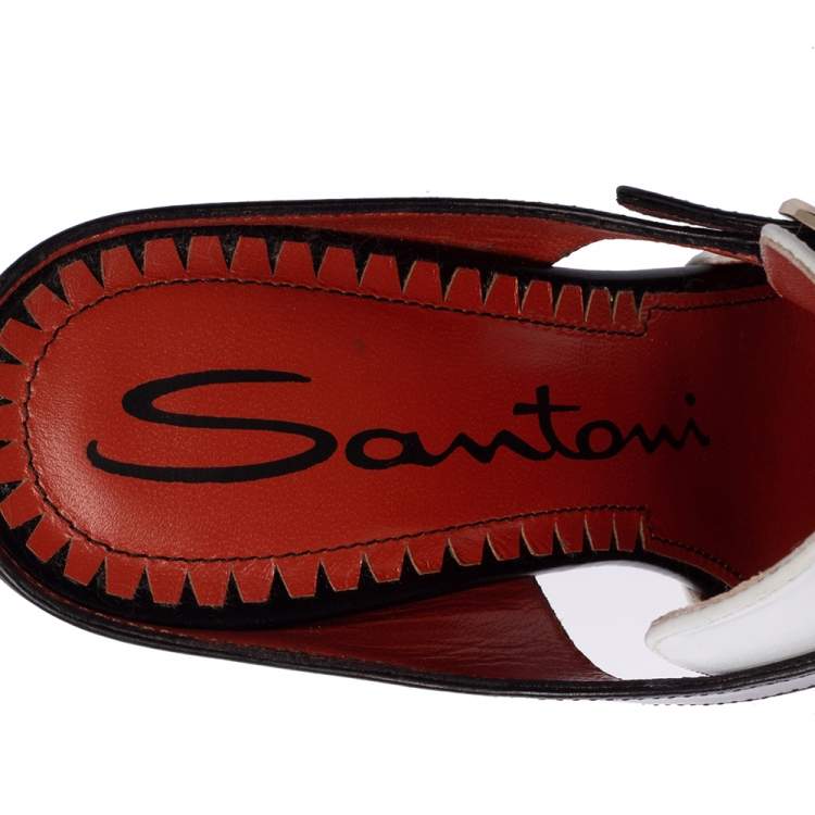 Pre Owned Santoni White/Black Leather Peep-Toe Mules Size 35.5