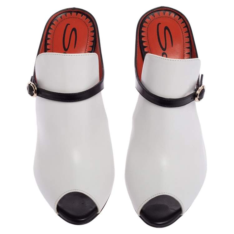 Pre Owned Santoni White/Black Leather Peep-Toe Mules Size 35.5