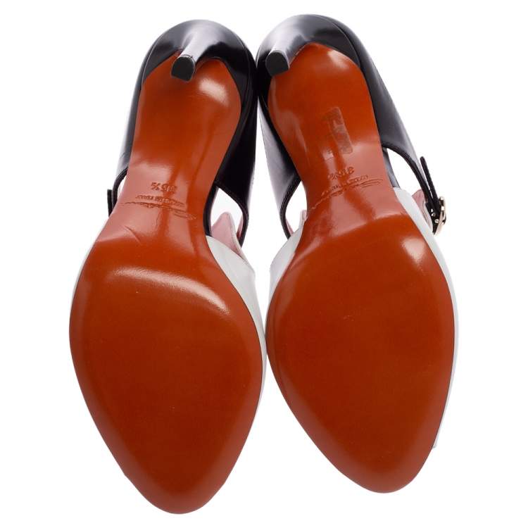 Pre Owned Santoni White/Black Leather Peep-Toe Mules Size 35.5