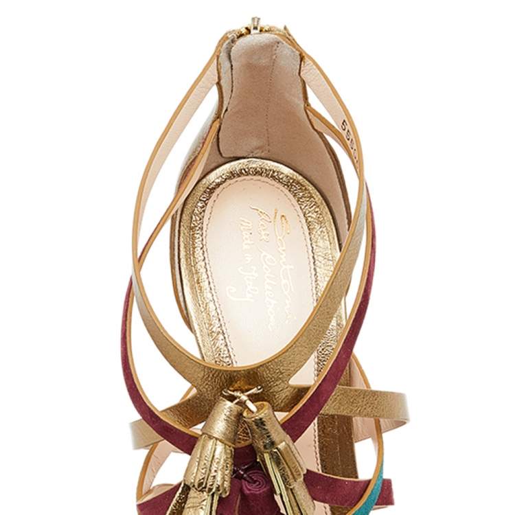 Pre Owned Santoni Multicolor Suede And Leather Fringe Detail Strappy Sandals Size 40