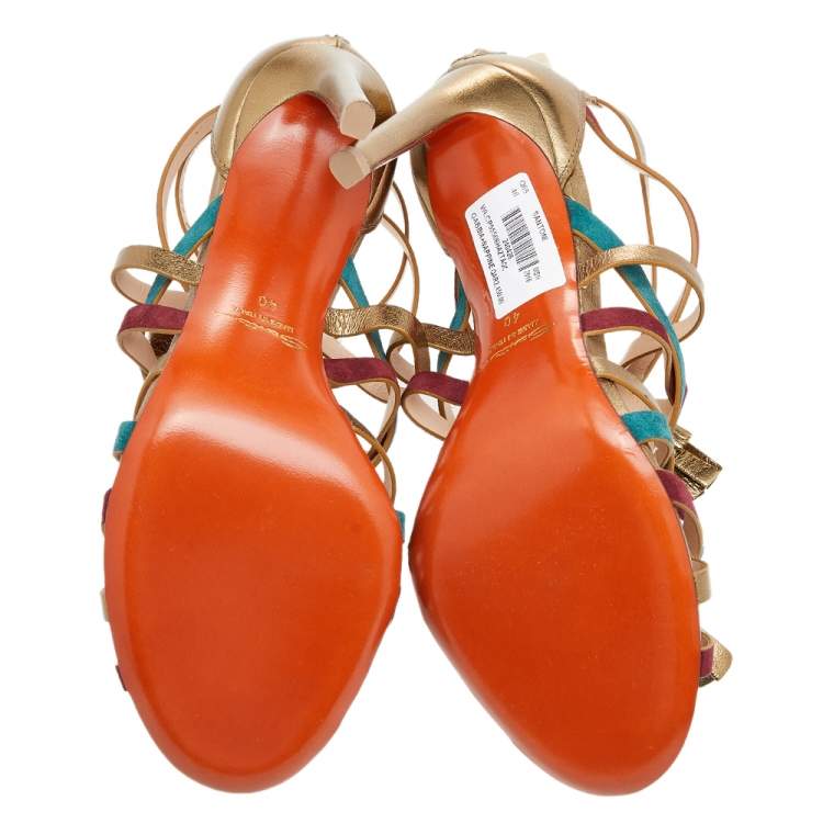 Pre Owned Santoni Multicolor Suede And Leather Fringe Detail Strappy Sandals Size 40