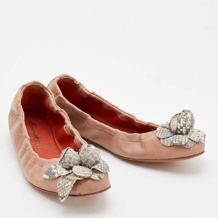 Pre Owned Santoni Beige Leather And Python Flower Bow Scrunch Ballet Flats Size 37
