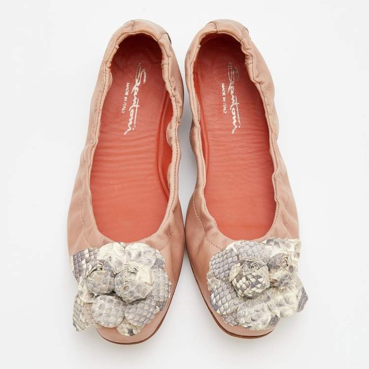 Pre Owned Santoni Beige Leather And Python Flower Bow Scrunch Ballet Flats Size 37