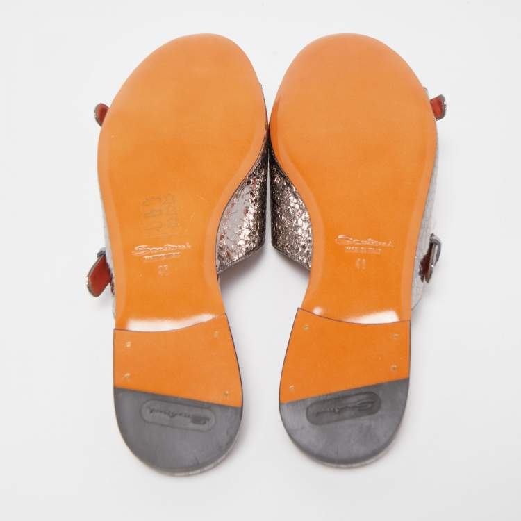 Pre Owned Santoni Metallic Python Embossed Leather Flat Slides Size 41