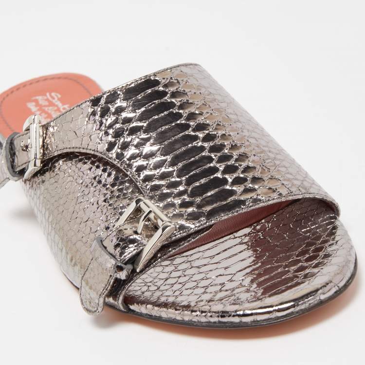 Pre Owned Santoni Metallic Python Embossed Leather Flat Slides Size 41