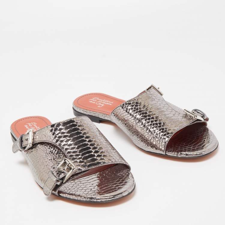 Pre Owned Santoni Metallic Python Embossed Leather Flat Slides Size 41