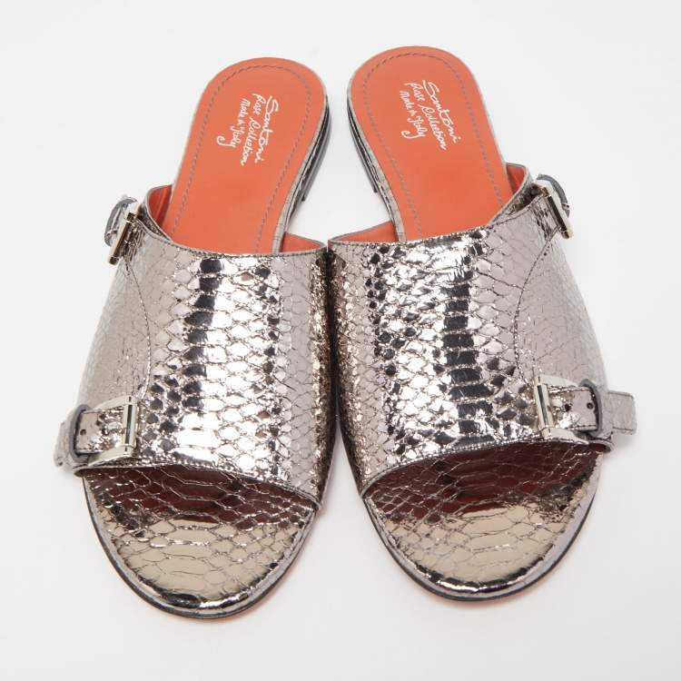 Pre Owned Santoni Metallic Python Embossed Leather Flat Slides Size 41