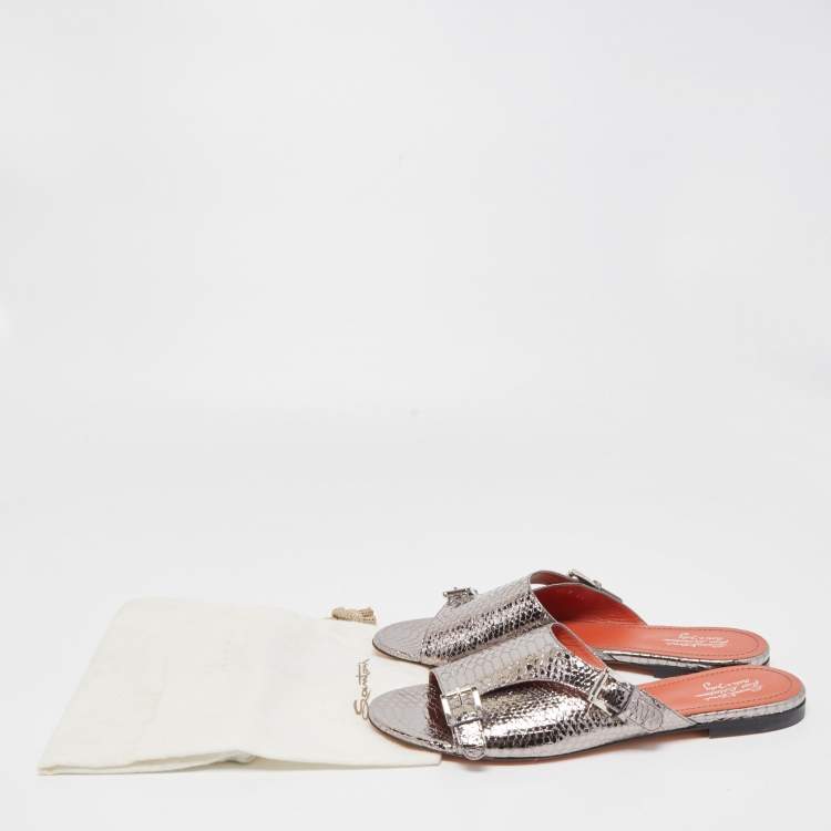 Pre Owned Santoni Metallic Python Embossed Leather Flat Slides Size 41