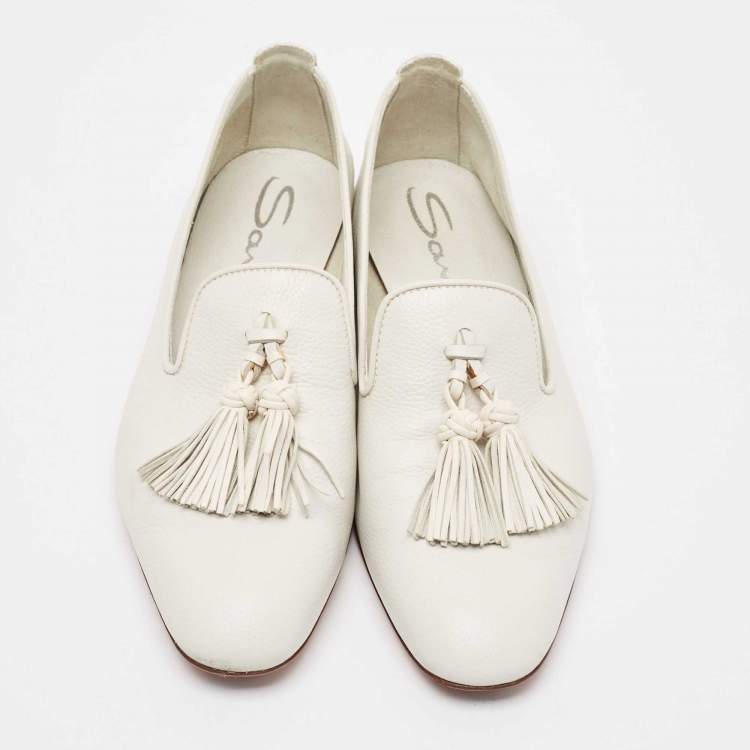 Pre Owned Santoni White Leather Tassel Detail Loafers Size 37