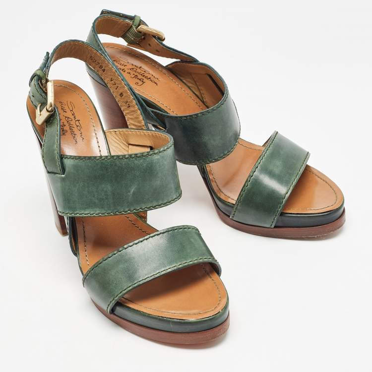 Pre Owned Santoni Green Leather Platform Block Heel Ankle Strap Sandals Size 39