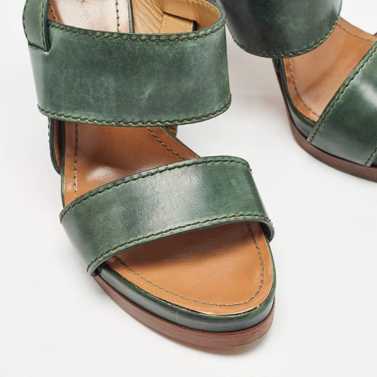 Pre Owned Santoni Green Leather Platform Block Heel Ankle Strap Sandals Size 39