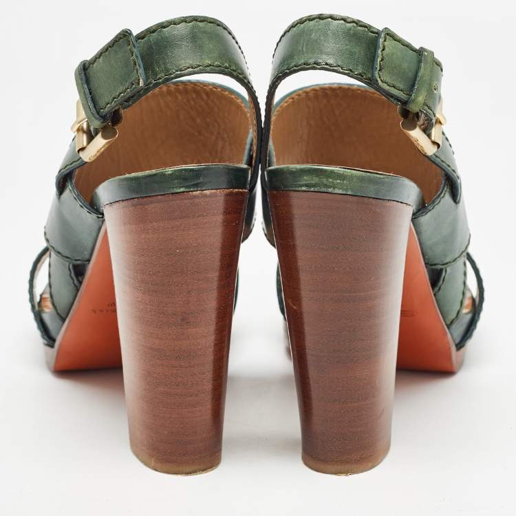 Pre Owned Santoni Green Leather Platform Block Heel Ankle Strap Sandals Size 39