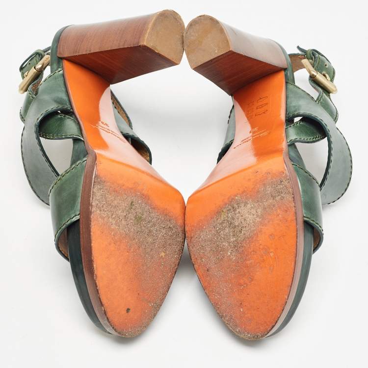 Pre Owned Santoni Green Leather Platform Block Heel Ankle Strap Sandals Size 39