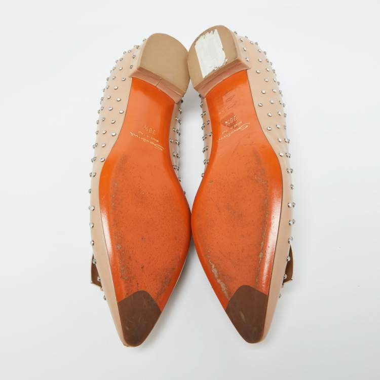 Pre Owned Santoni Beige Leather Crystal Embellished Pointed Toe Buckle Ballet Flats Size 38.5