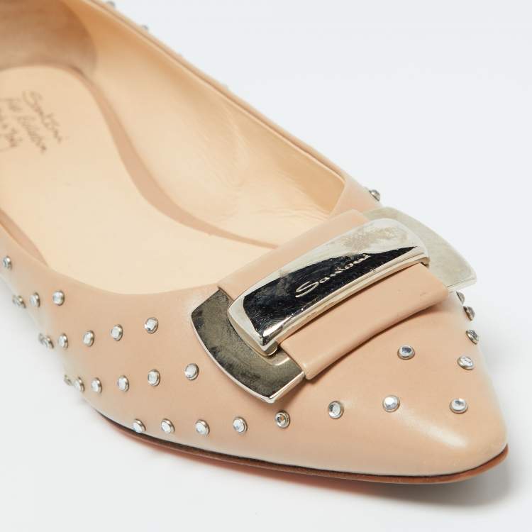 Pre Owned Santoni Beige Leather Crystal Embellished Pointed Toe Buckle Ballet Flats Size 38.5