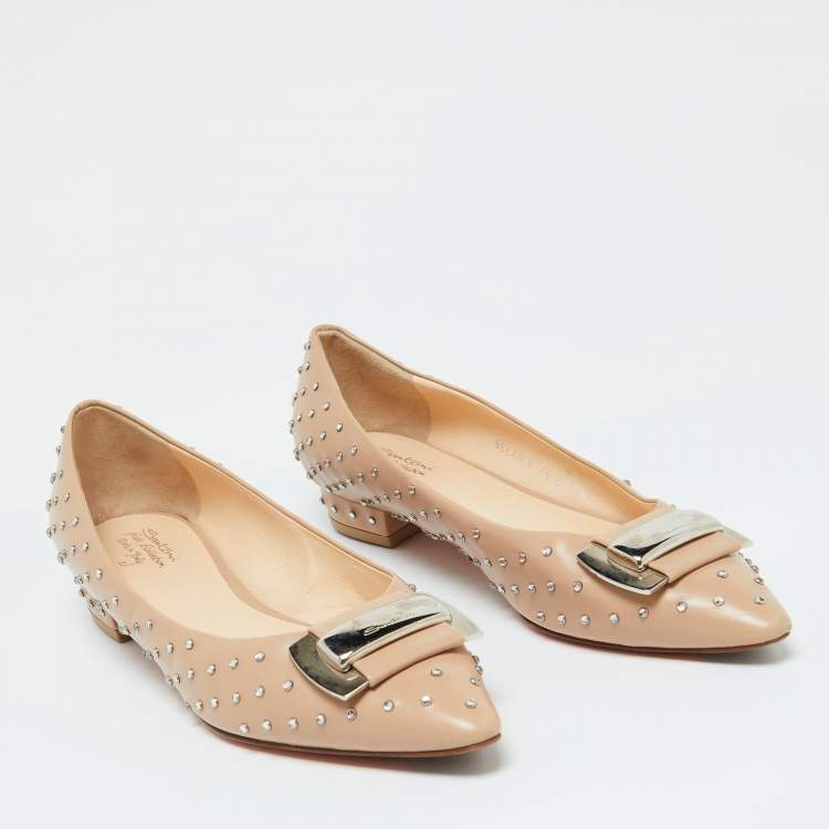 Pre Owned Santoni Beige Leather Crystal Embellished Pointed Toe Buckle Ballet Flats Size 38.5