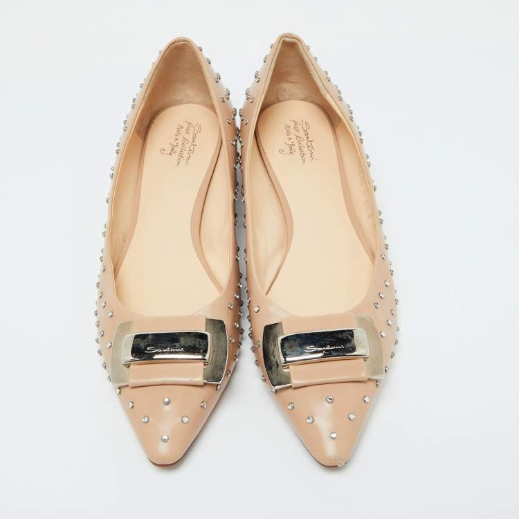 Pre Owned Santoni Beige Leather Crystal Embellished Pointed Toe Buckle Ballet Flats Size 38.5