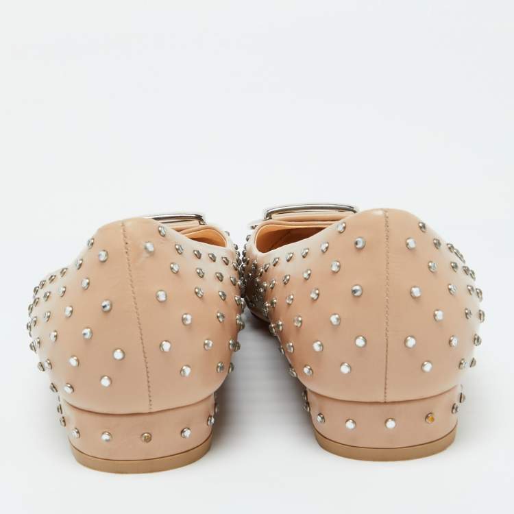 Pre Owned Santoni Beige Leather Crystal Embellished Pointed Toe Buckle Ballet Flats Size 38.5