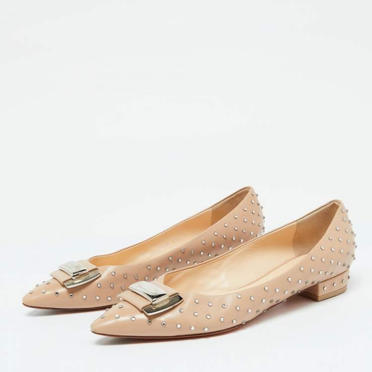 Pre Owned Santoni Beige Leather Crystal Embellished Pointed Toe Buckle Ballet Flats Size 38.5