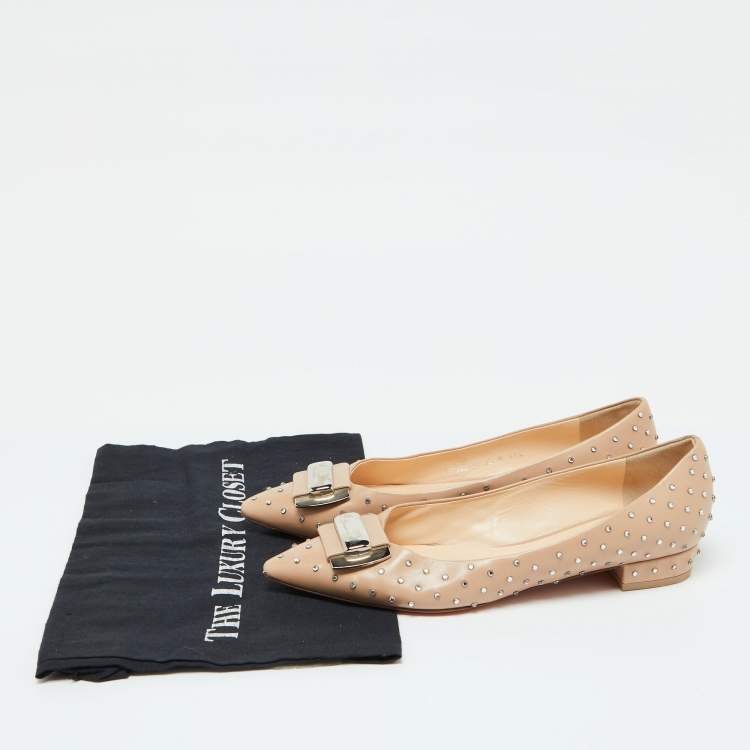Pre Owned Santoni Beige Leather Crystal Embellished Pointed Toe Buckle Ballet Flats Size 38.5