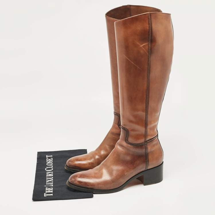 Pre Owned Santoni Brown Leather Knee Length Boots Size 38