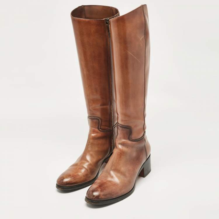 Pre Owned Santoni Brown Leather Knee Length Boots Size 38