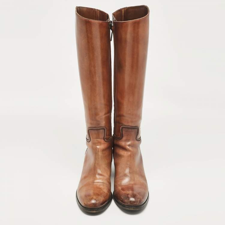 Pre Owned Santoni Brown Leather Knee Length Boots Size 38