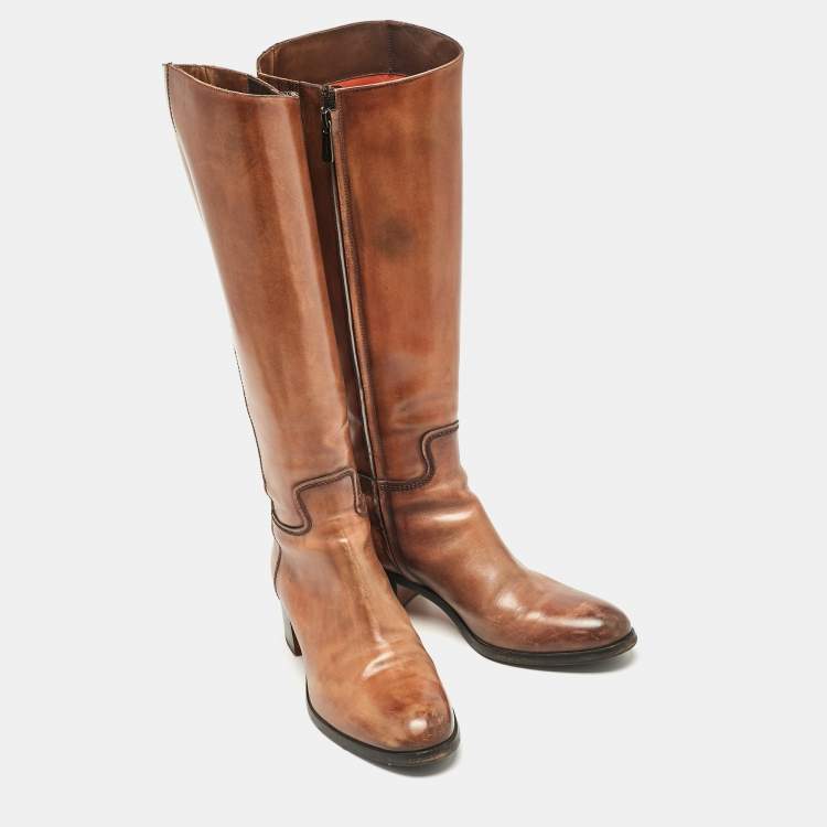 Pre Owned Santoni Brown Leather Knee Length Boots Size 38