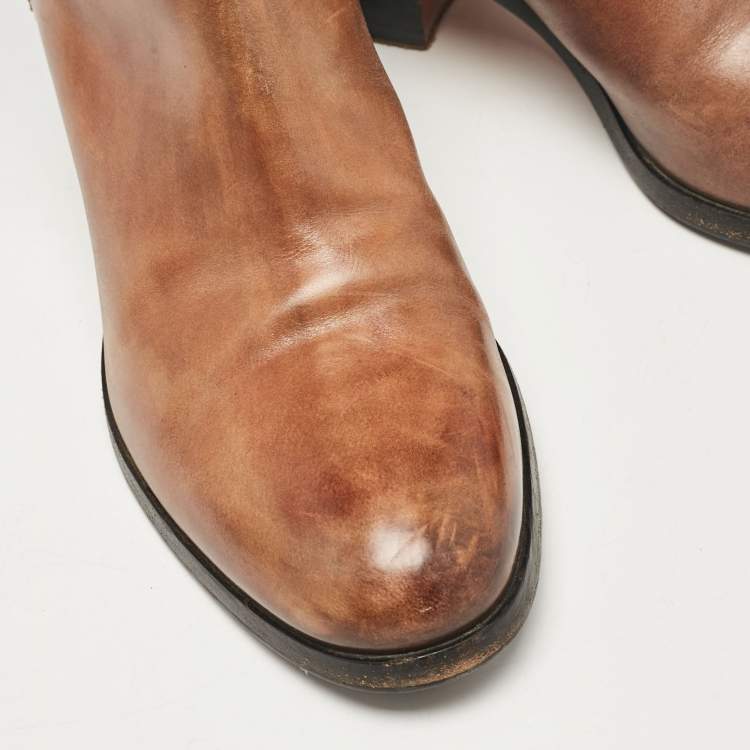 Pre Owned Santoni Brown Leather Knee Length Boots Size 38
