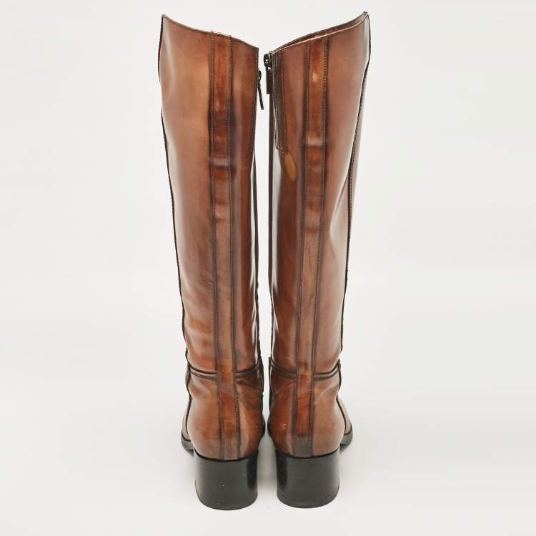 Pre Owned Santoni Brown Leather Knee Length Boots Size 38
