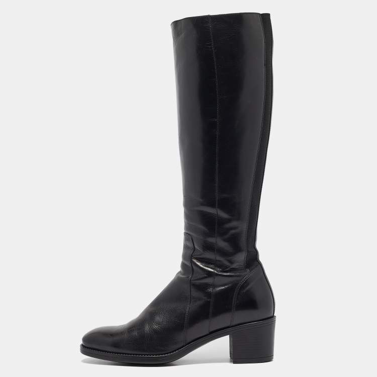 Pre Owned Santoni Black Leather Knee Length Boots Size 38.5