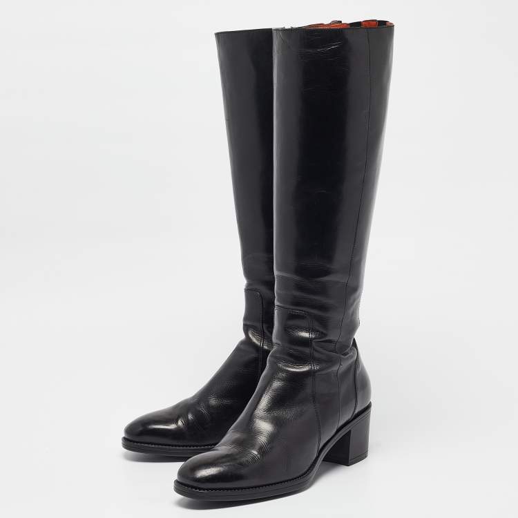 Pre Owned Santoni Black Leather Knee Length Boots Size 38.5