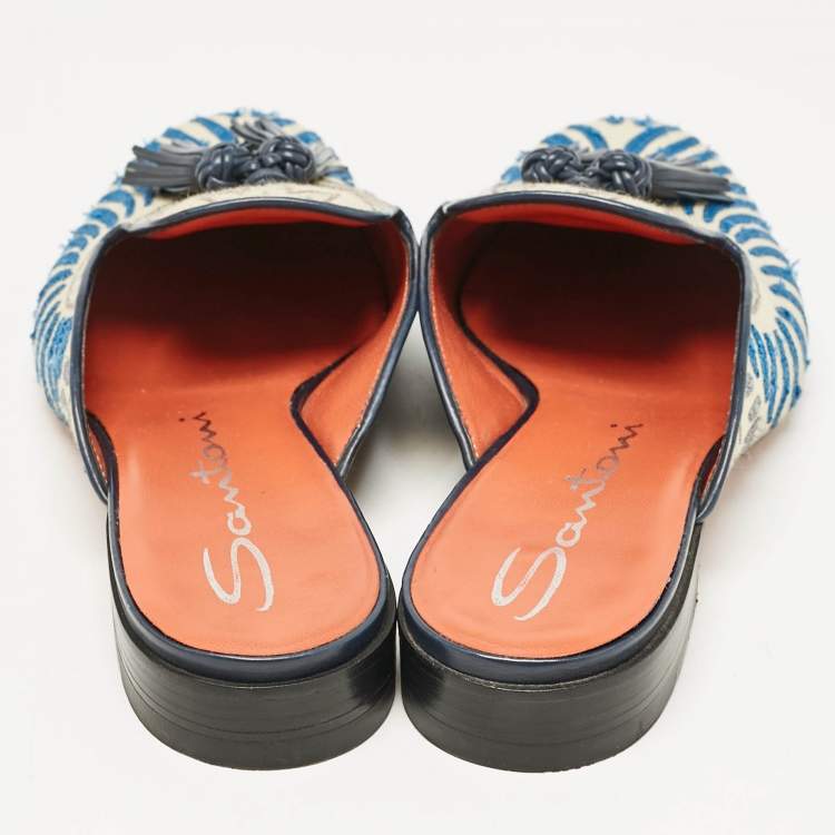 Pre Owned Santoni Grey/Blue Canvas Tassel Detail Mules Size 40
