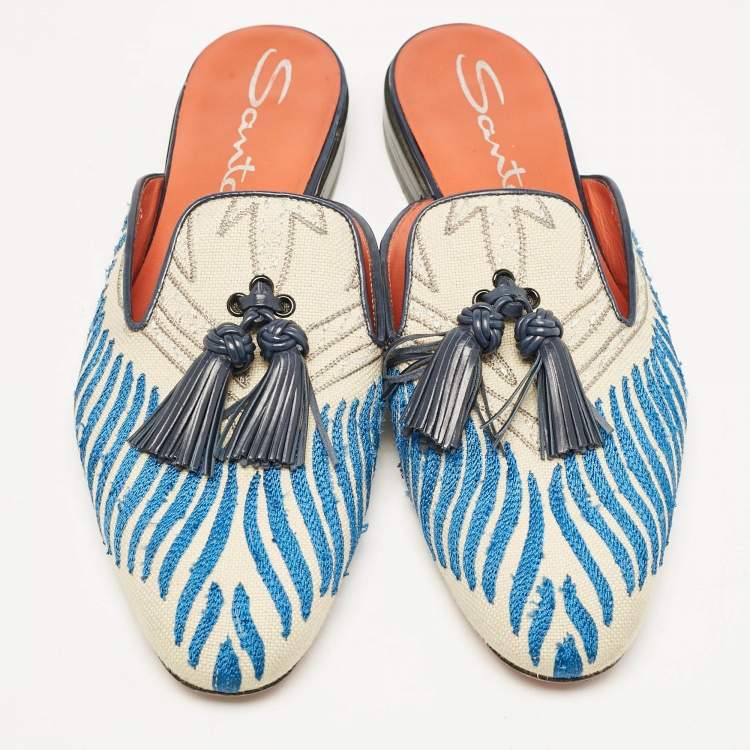 Pre Owned Santoni Grey/Blue Canvas Tassel Detail Mules Size 40