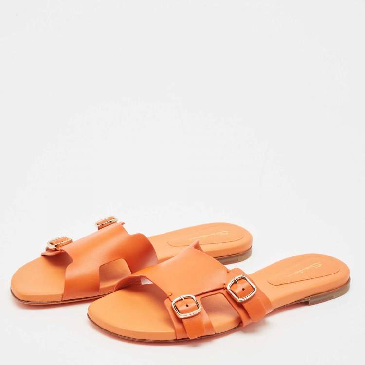 Pre Owned Santoni Orange Leather Foresaw Flat Slides Size 38