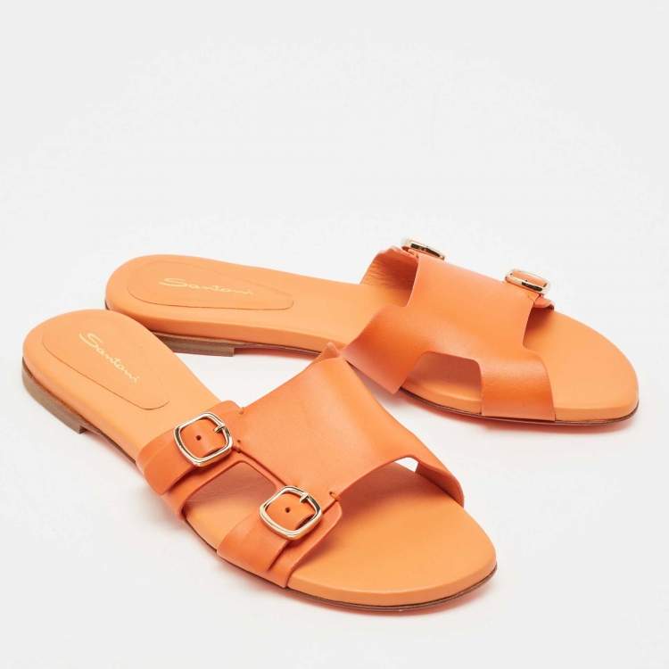 Pre Owned Santoni Orange Leather Foresaw Flat Slides Size 38