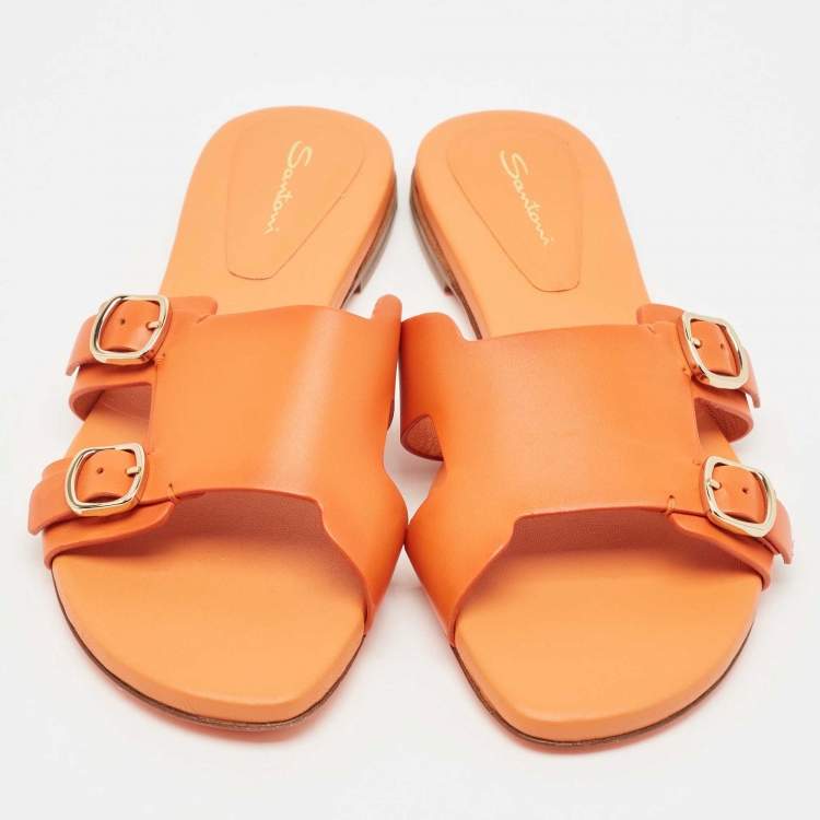 Pre Owned Santoni Orange Leather Foresaw Flat Slides Size 38