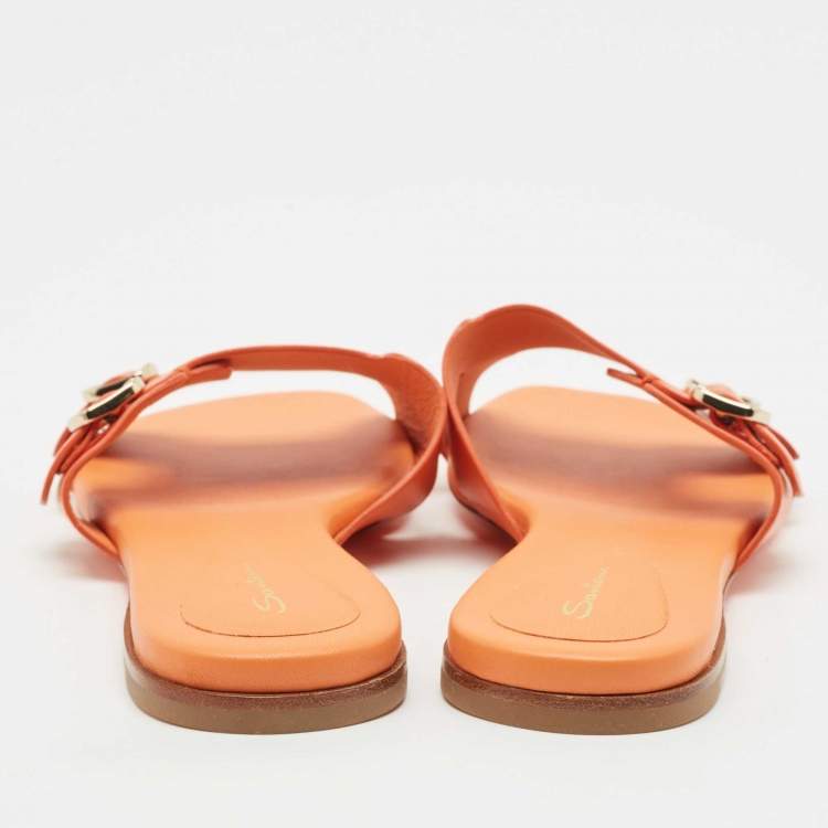 Pre Owned Santoni Orange Leather Foresaw Flat Slides Size 38