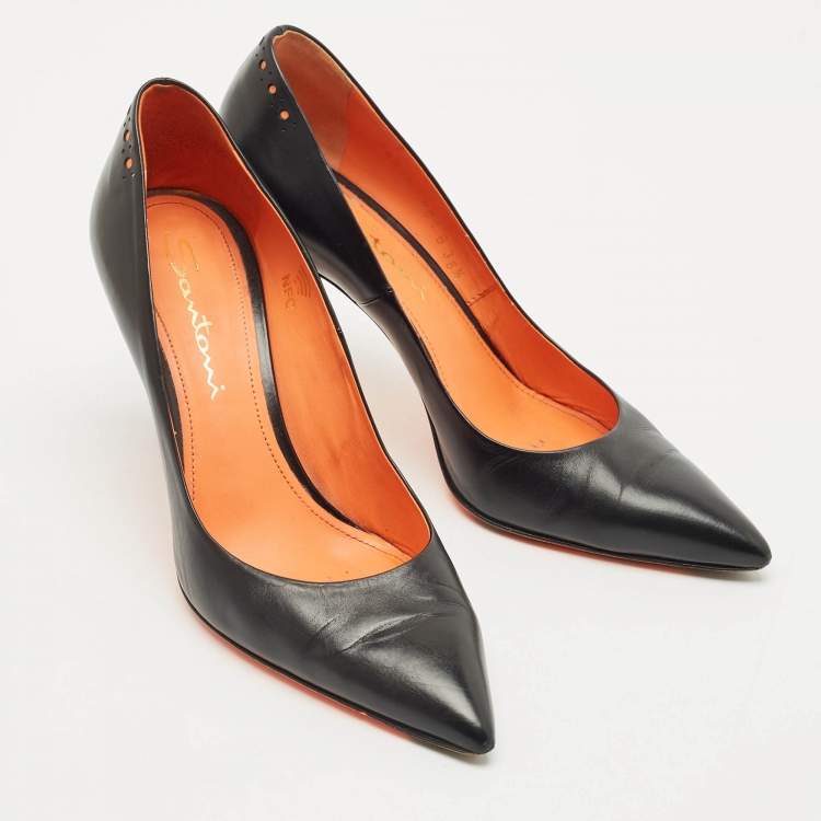 Pre Owned Santoni Black Leather Pointed Toe Pumps Size 36.5