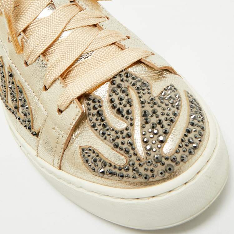 Pre Owned Santoni Gold Leather Crystal Embellished Lace Up Sneakers Size 39