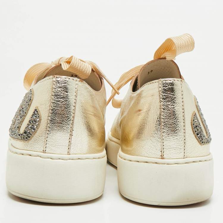 Pre Owned Santoni Gold Leather Crystal Embellished Lace Up Sneakers Size 39
