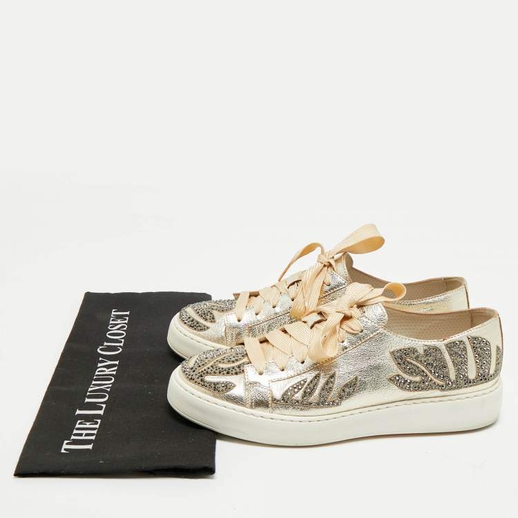 Pre Owned Santoni Gold Leather Crystal Embellished Lace Up Sneakers Size 39