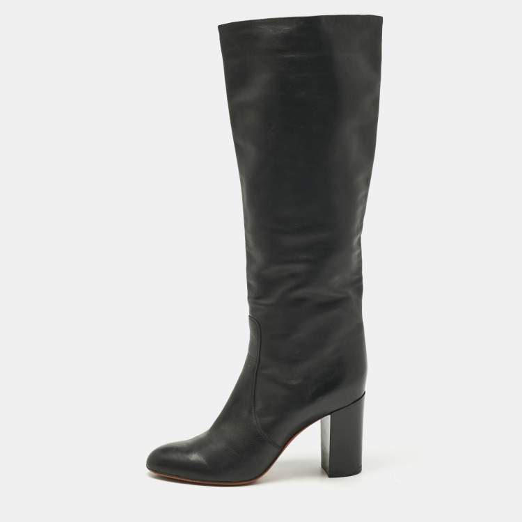 Pre Owned Santoni Black Leather Knee Length Boots Size 38