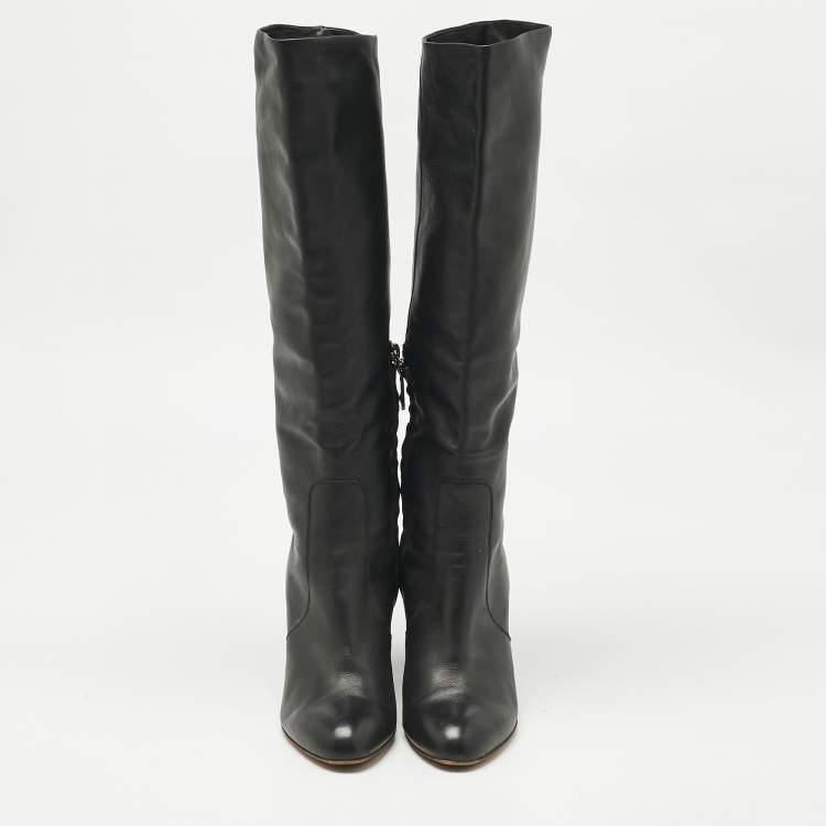 Pre Owned Santoni Black Leather Knee Length Boots Size 38
