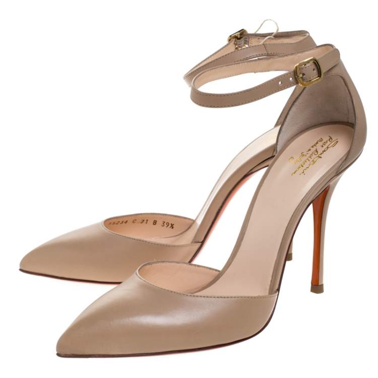 Pre Owned Santoni Beige Leather Pointed Toe Ankle Strap Sandals Size 39.5