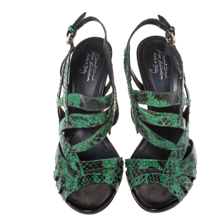 Pre Owned Santoni Green Python Leather Strappy Slingback Sandals Size 39